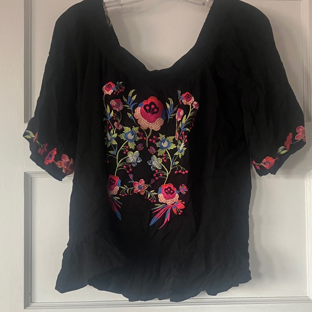 Embroidered Black Floral Women's Top